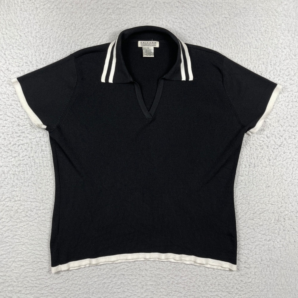 John Paul Richard Knit Polo Top Womens XL Black White Striped Trim Short Sleeve